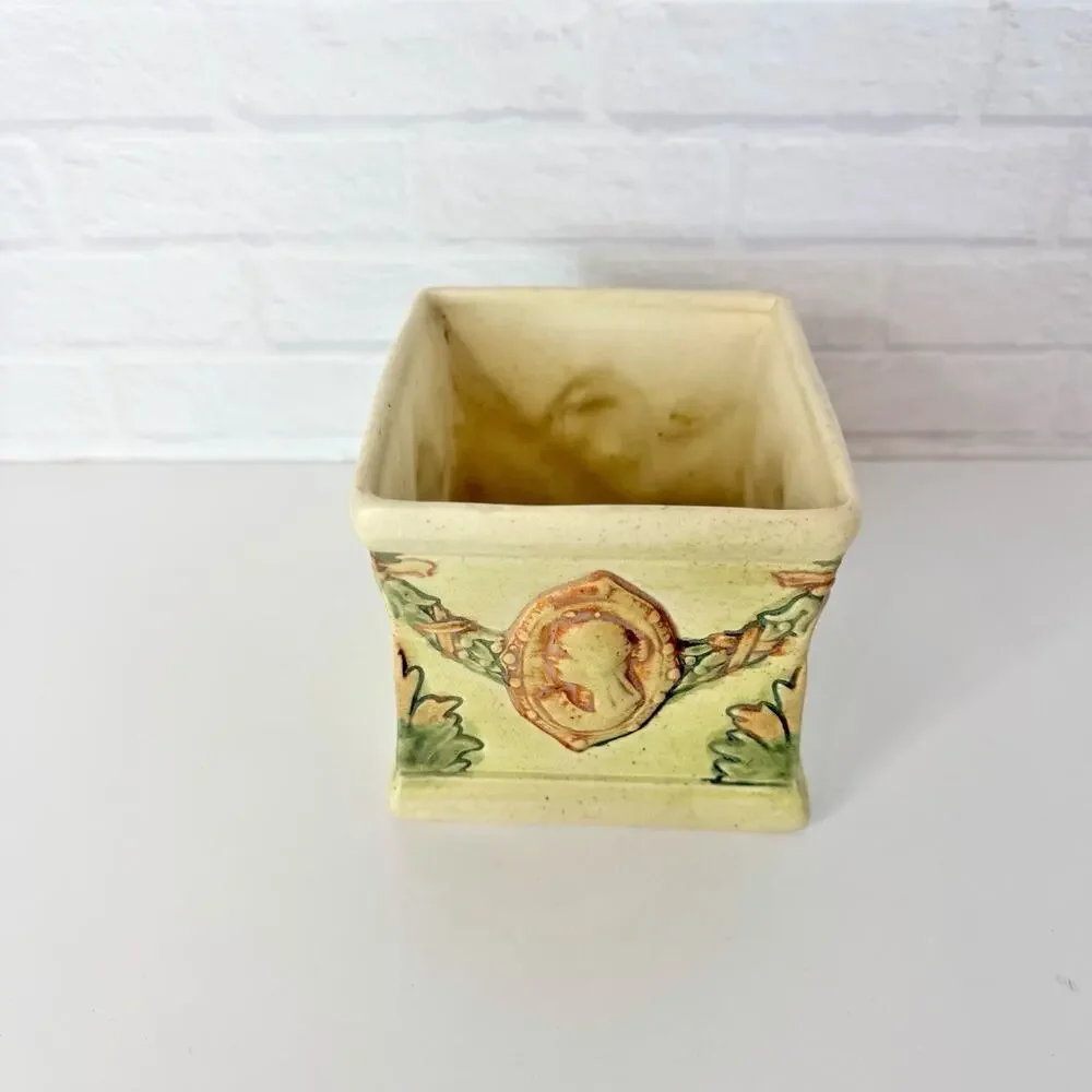 Vintage Weller Pottery Roma Medallion Square Planter Cream Cameo Medallion